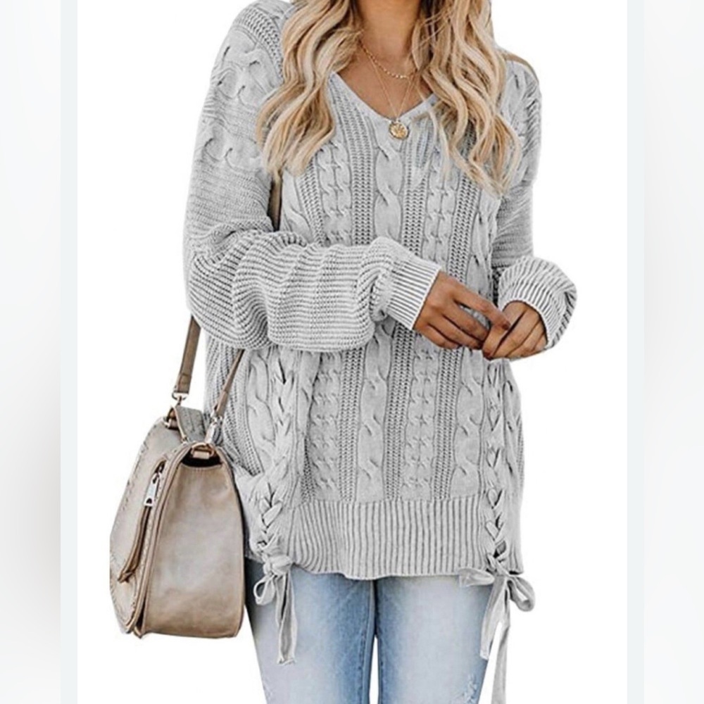 Cable Knit light Blue Oversized corset Lace Up Chunky Knit Pullover Sweater Top